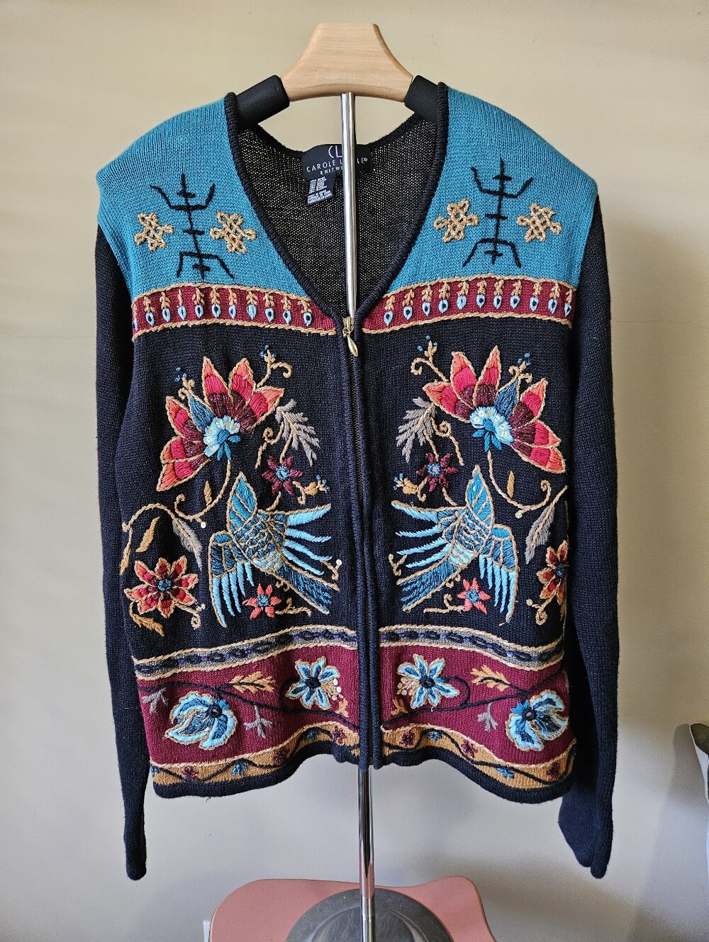 Vintage Carole Little Embroidered Knitwear Zip Cardigan - Size L
